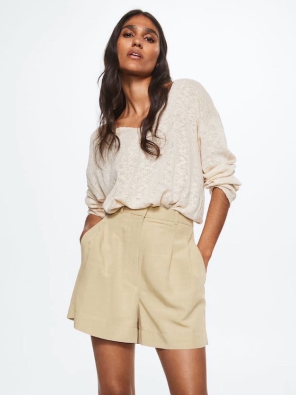 Mango Beige High-Waist Tailored Bermuda Shorts